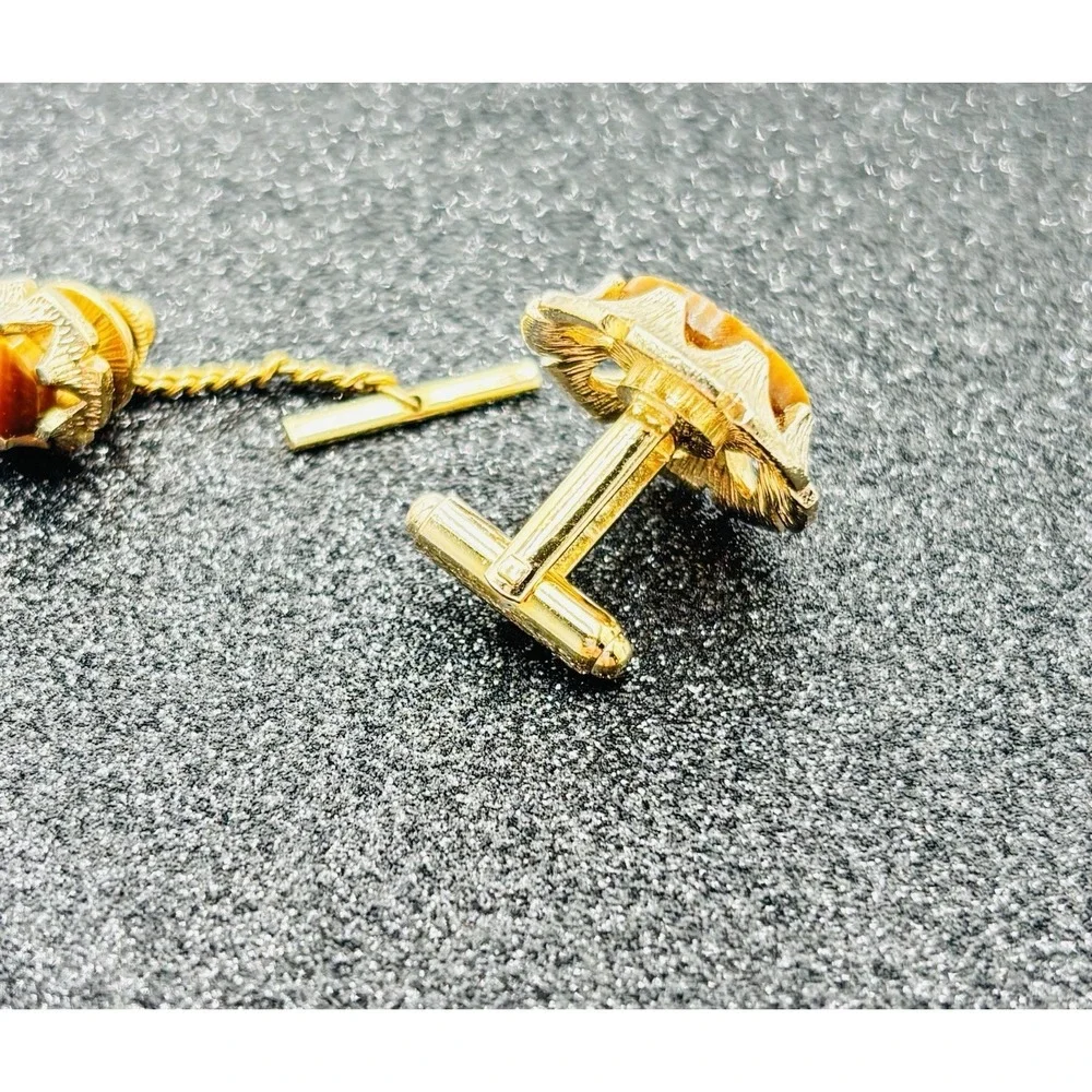Vintage Dante Tiger's Eye Cufflinks Tie Tack Set Gold Tone Swirl Retro Mens